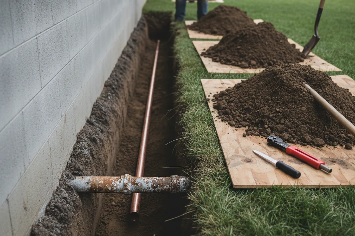Excavated water line trench during Water Heater Repair in Lueders